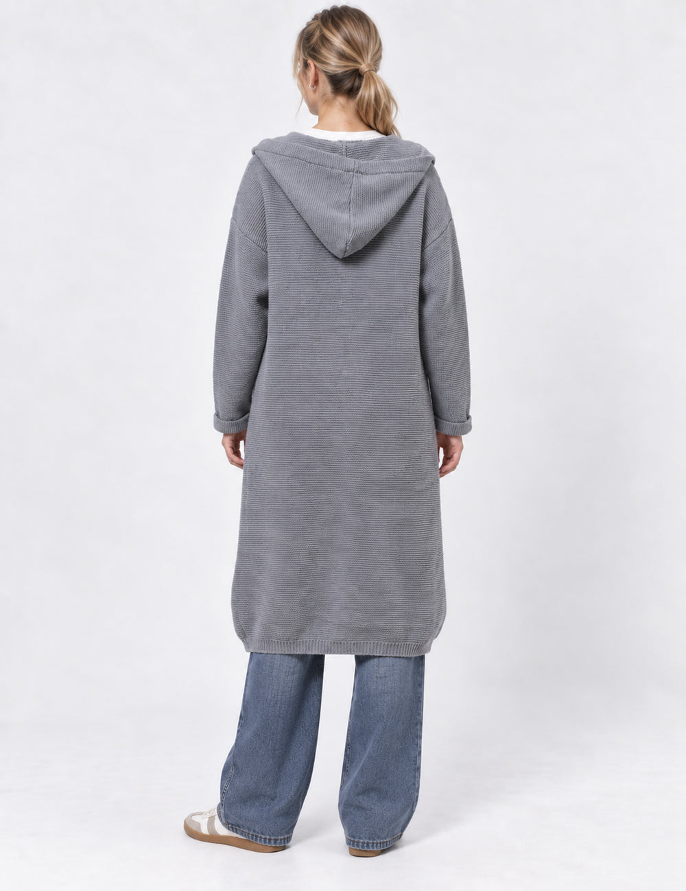 Ladies Button Hooded Solid Color Sweater Coat Cardigan