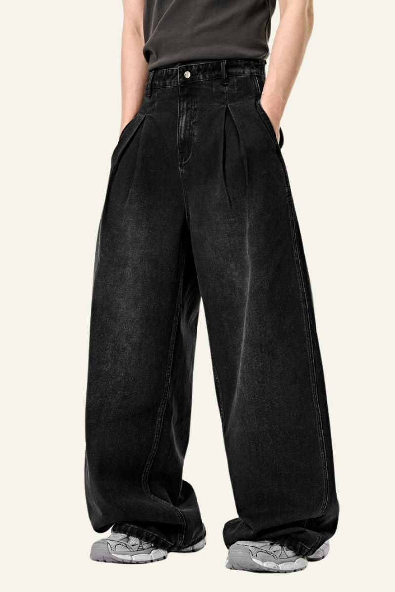 Men's Streetwear Washed Vintage Pleated  Wide Leg Jeans