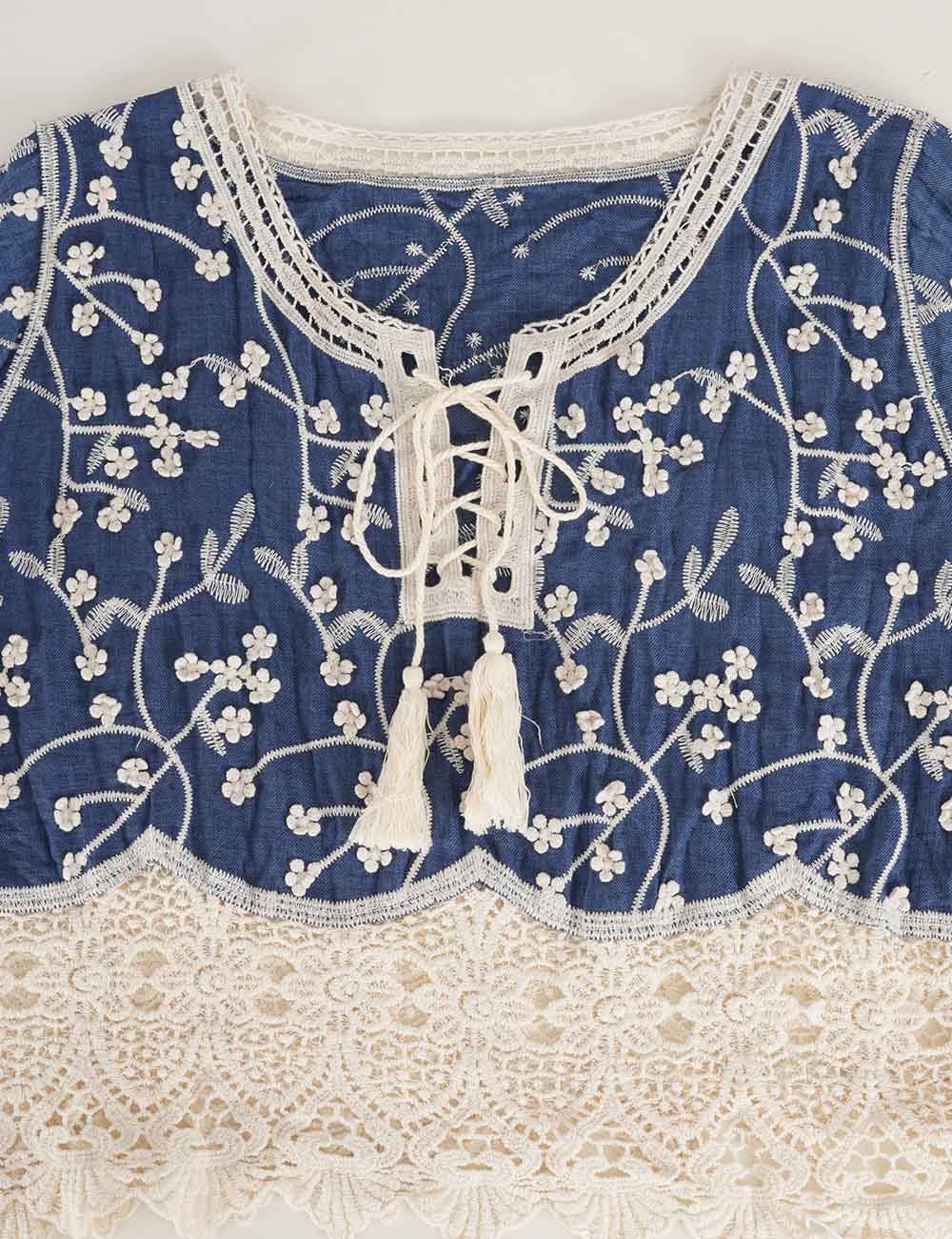 Ladies Boho Embroidery Lace Tie-Neck Tassel Blouse