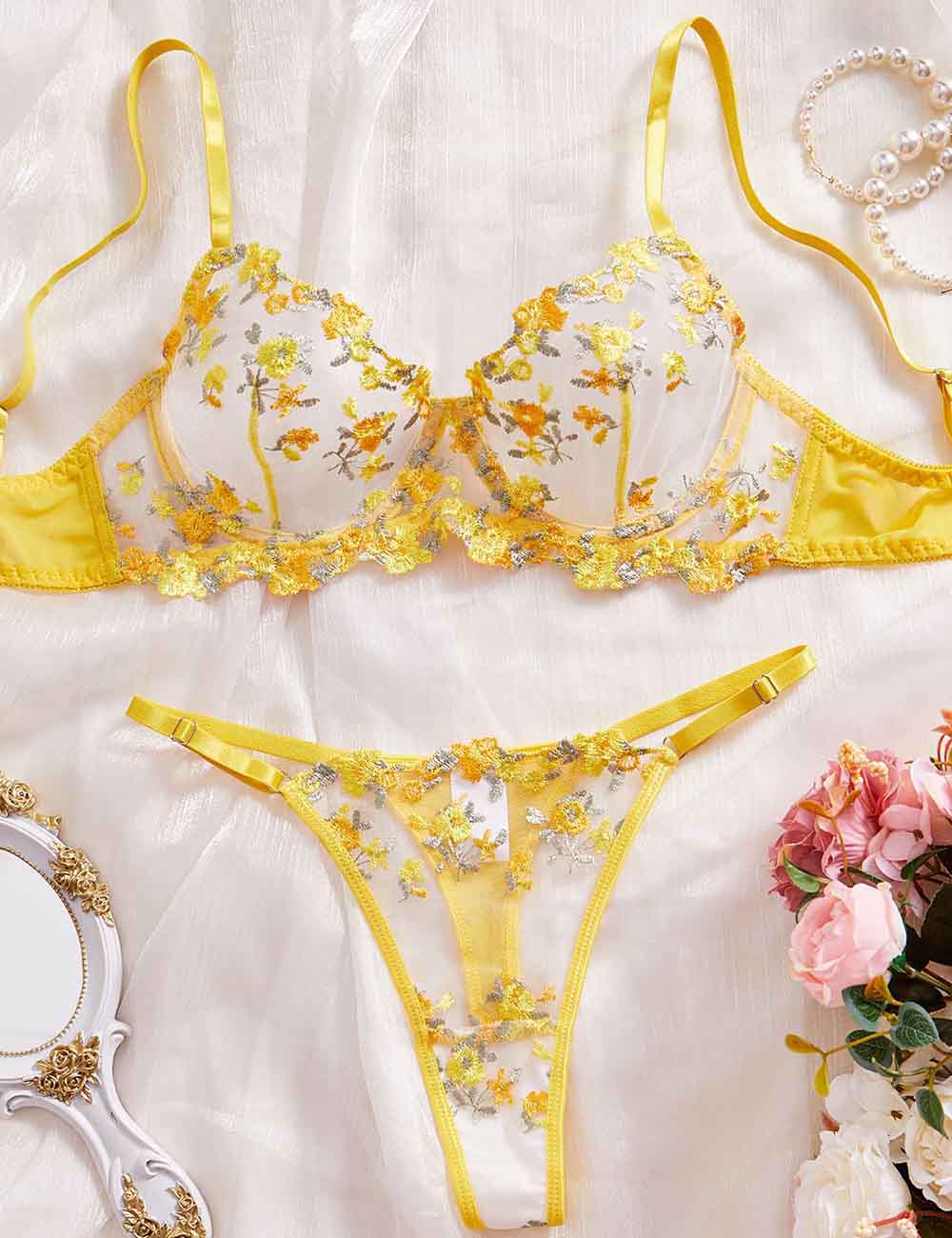 Ladies Sexy Sheer Floral Embroidery Thong 2PCS Lingerie Set