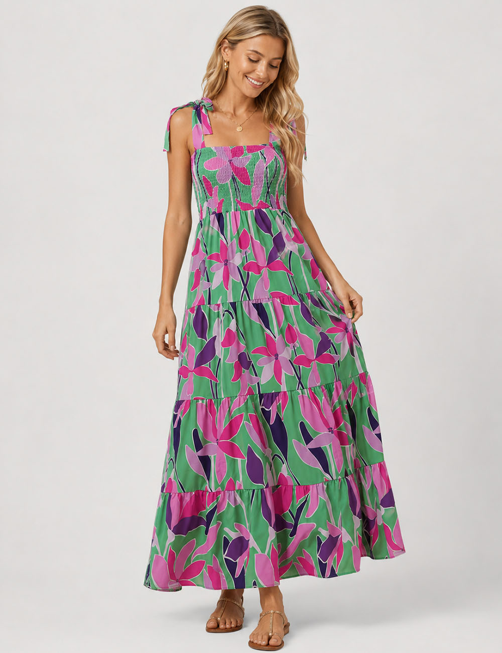 Ladies Abstract Print Smocked Tie Strap Square Neck Midi Dress