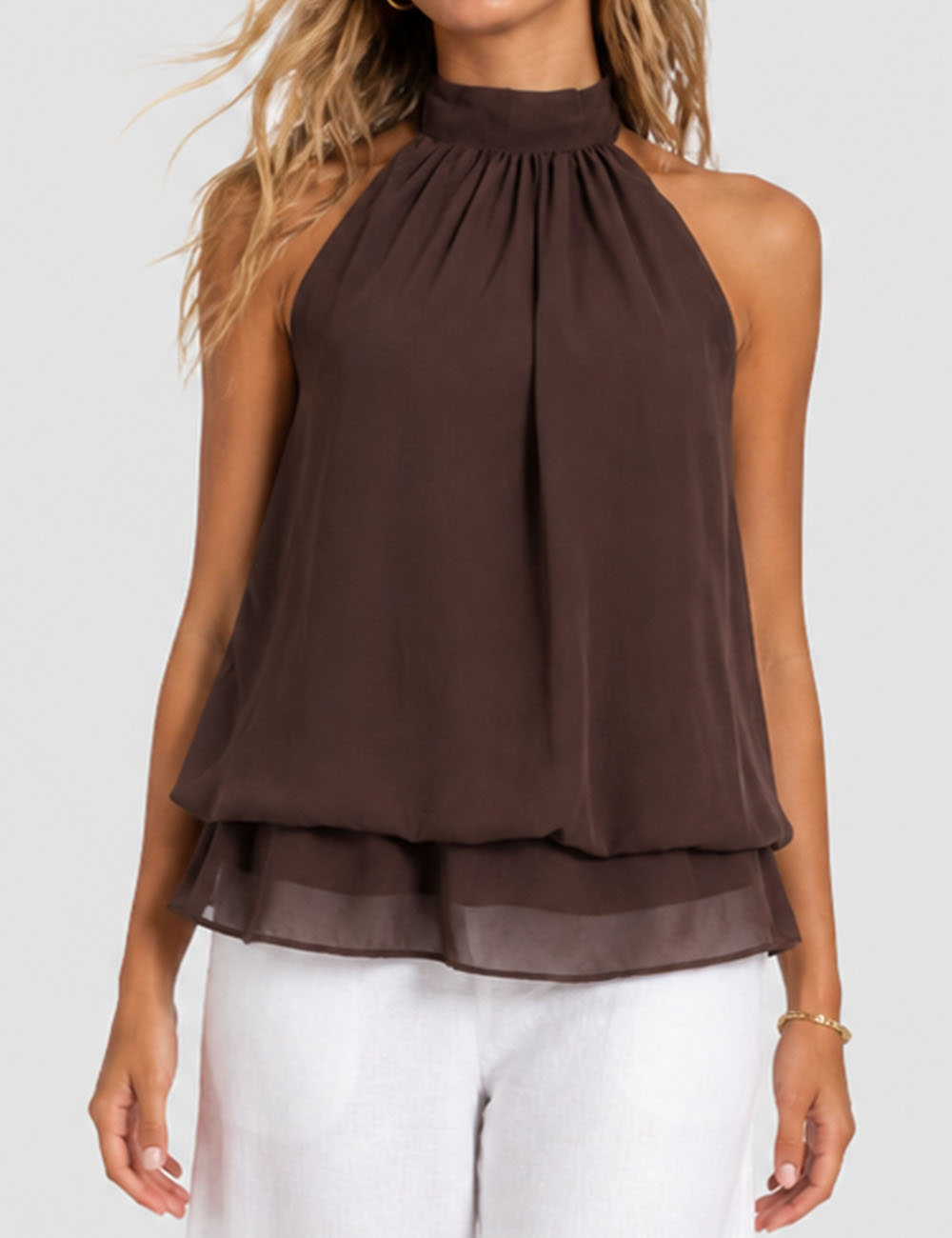 Ladies Chiffon Stand Neck Solid Color Ruffle Hem Sleeveless Top