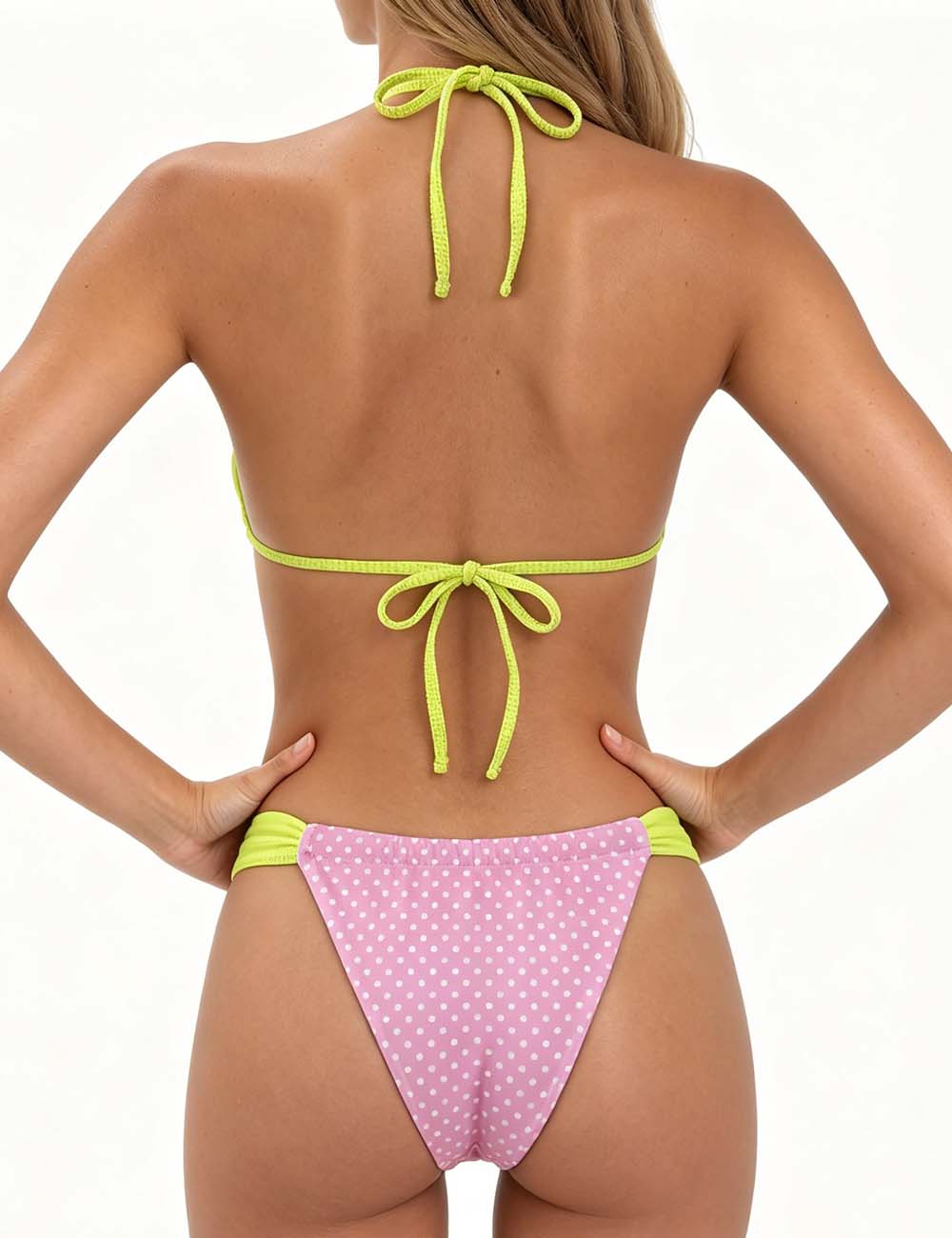 Ladies Color Block Polka Dot Halter Triangle 2 Piece Bikini Set