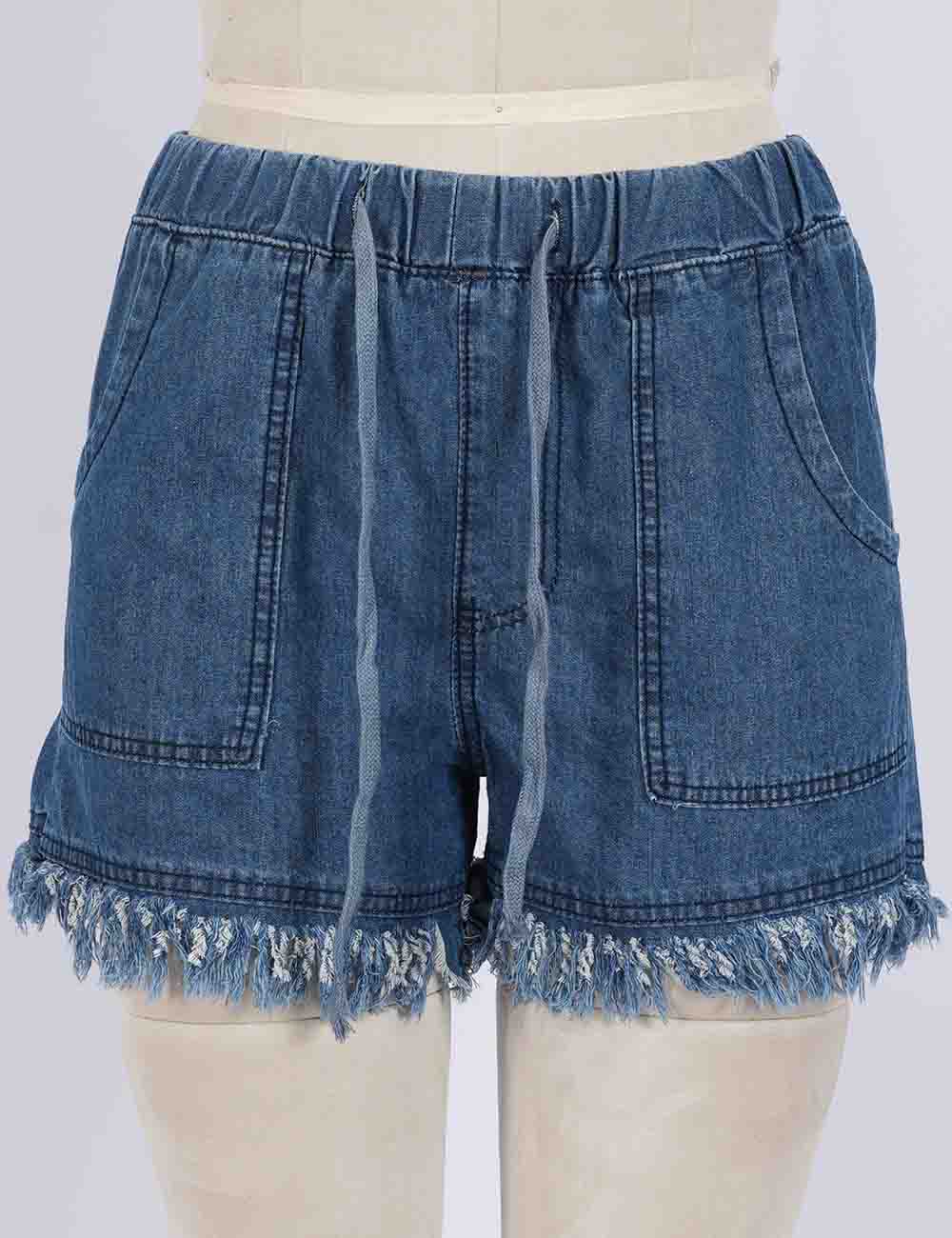 Ladies Solid Color Drawstring Waist Frayed Hem Denim Shorts