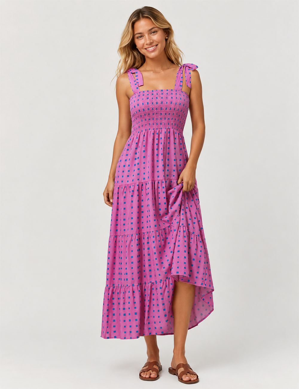 Ladies Abstract Print Smocked Tie Strap Square Neck Midi Dress