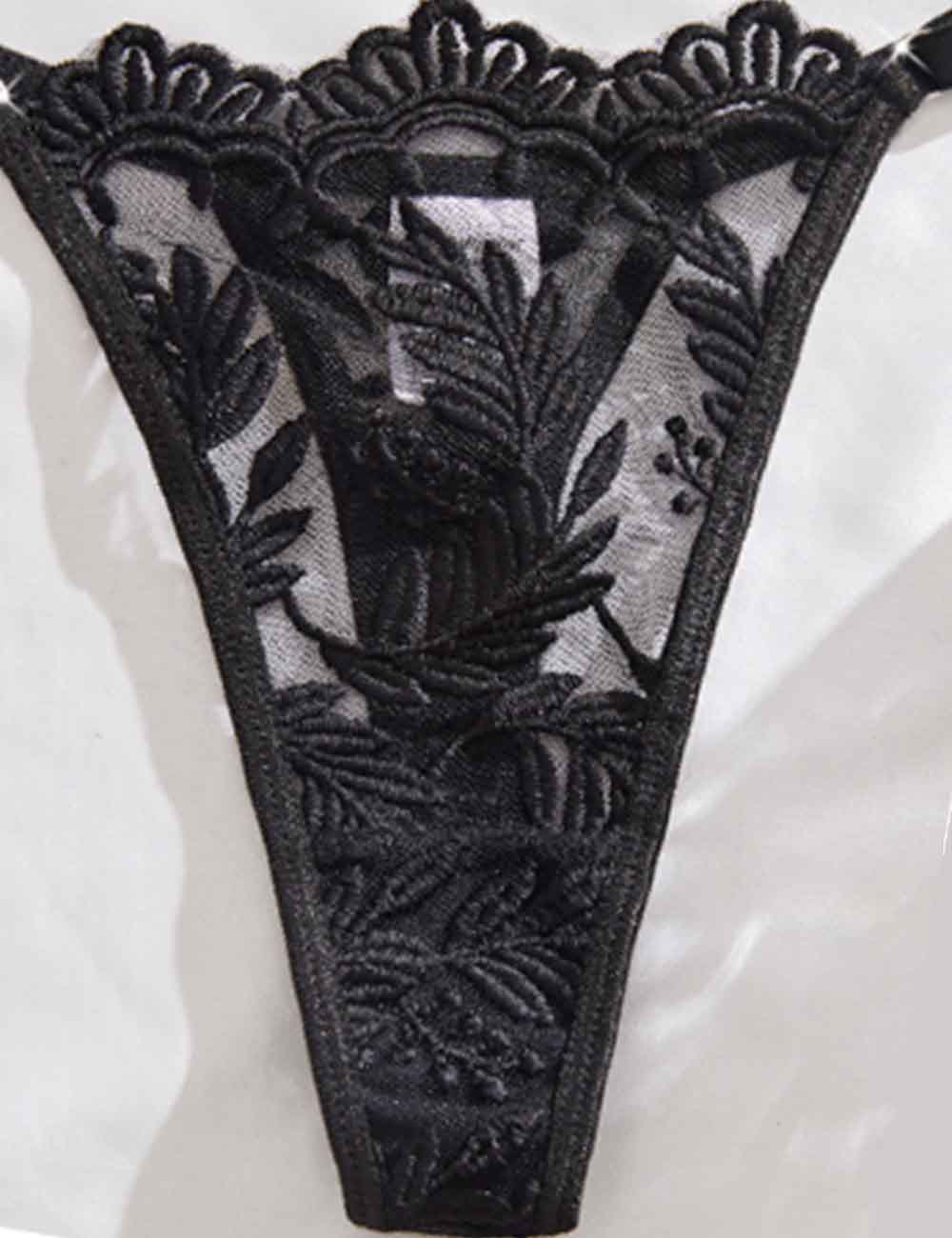 Ladies Floral Embroidery See Through Bra Thong Lingerie Set