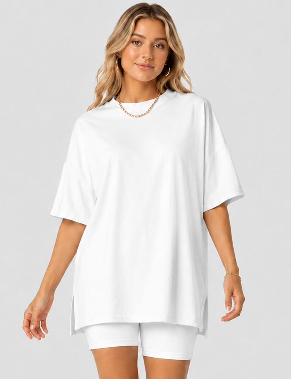 Ladies Solid Loungewear Outfits Loose Top & Slim Shorts Set