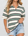 Ladies Striped Polo Collar Short Sleeves T-Shirt Top