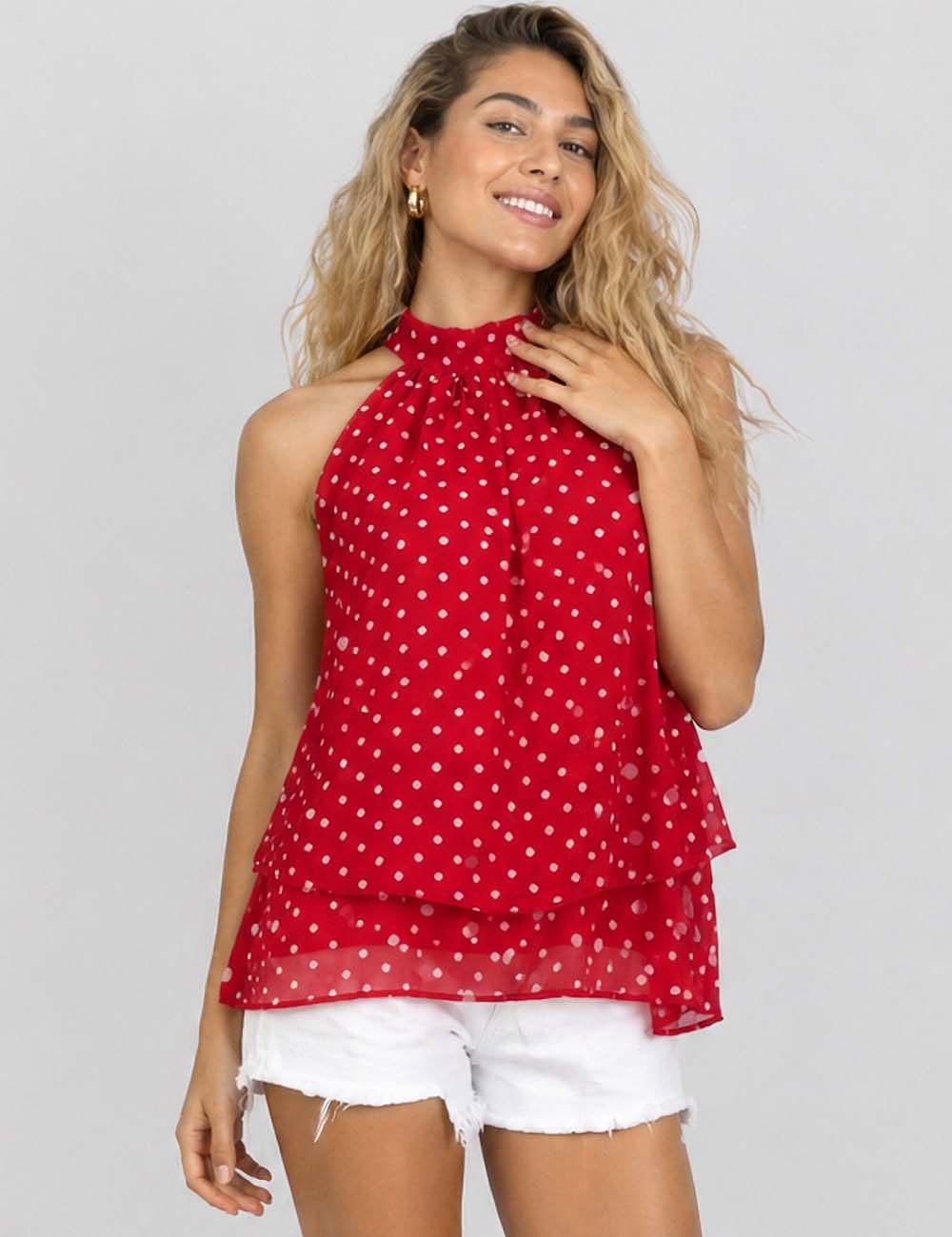 Ladies Chiffon Polka Dot Stand Neck Sleeveless Ruffle Hem Top