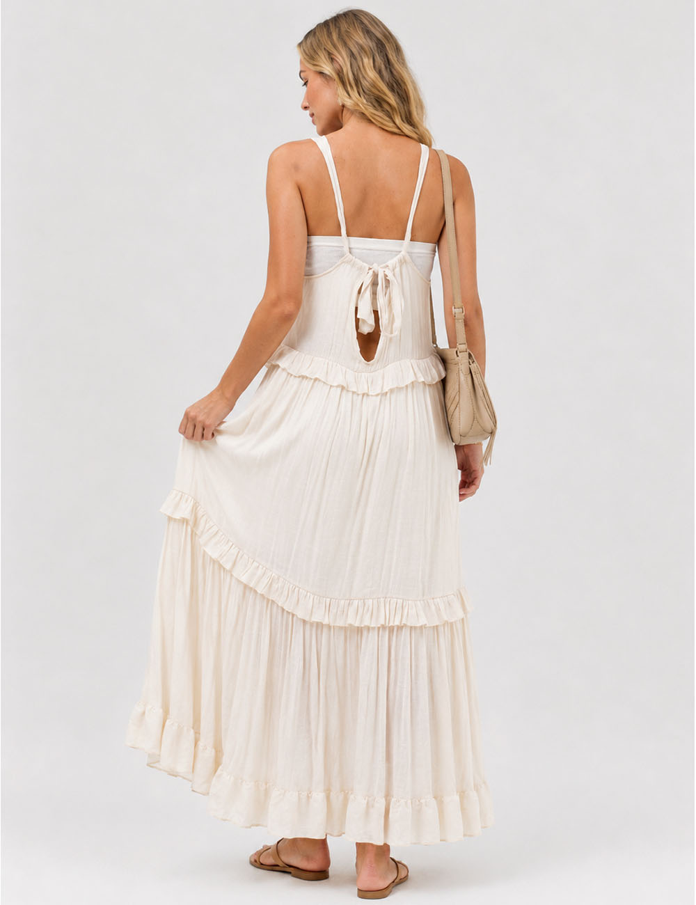 Ladies Boho Ruffle Tiered Hem Sleeveless Solid Color Maxi Dress