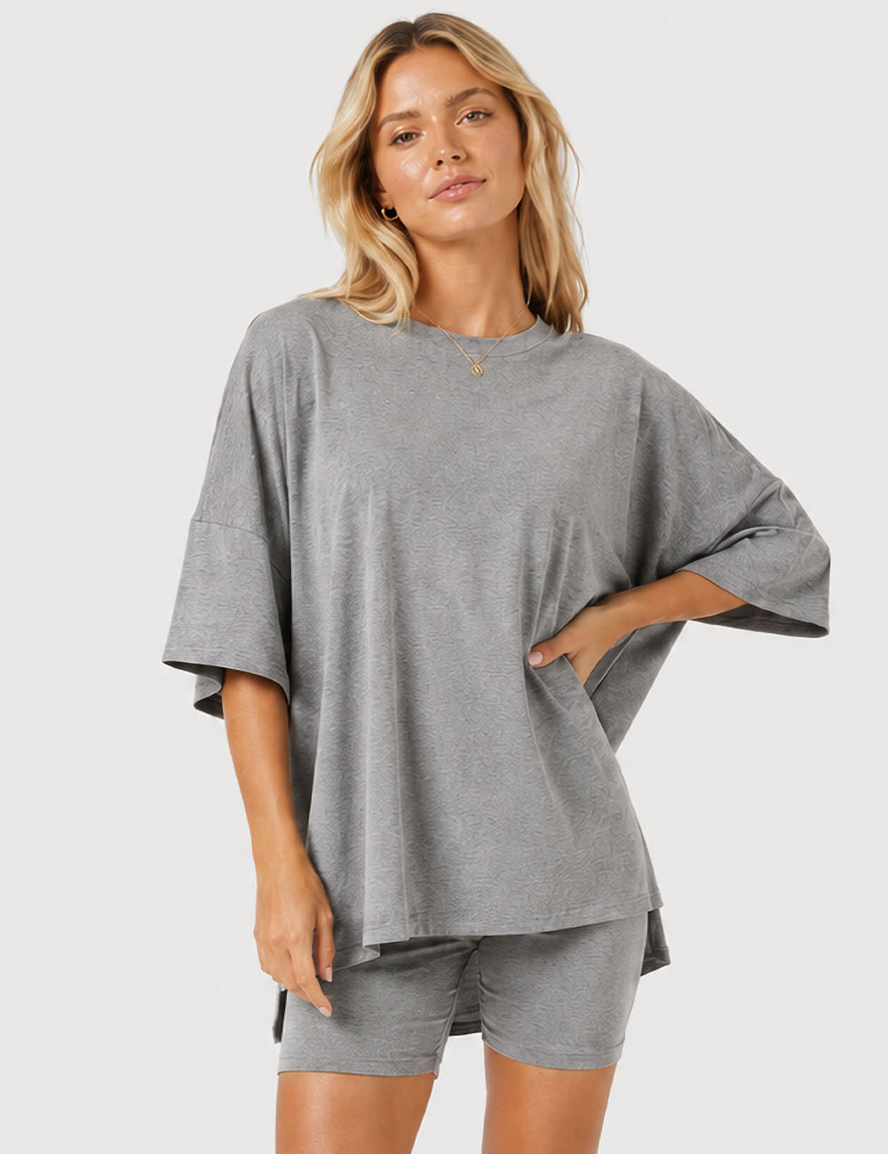 Ladies Solid Loungewear Outfits Loose Top & Slim Shorts Set