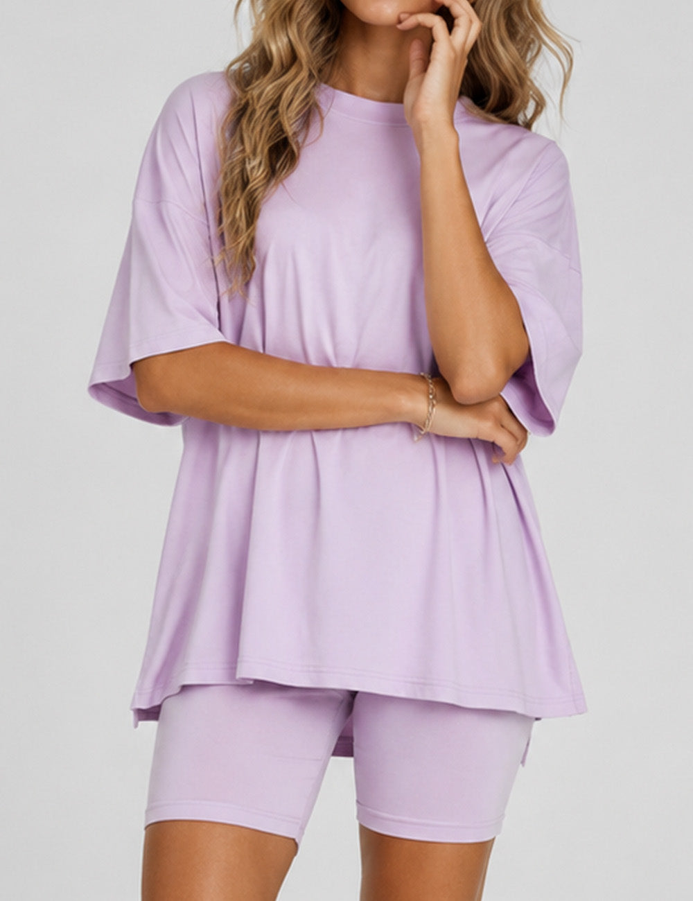 Ladies Solid Loungewear Outfits Loose Top & Slim Shorts Set