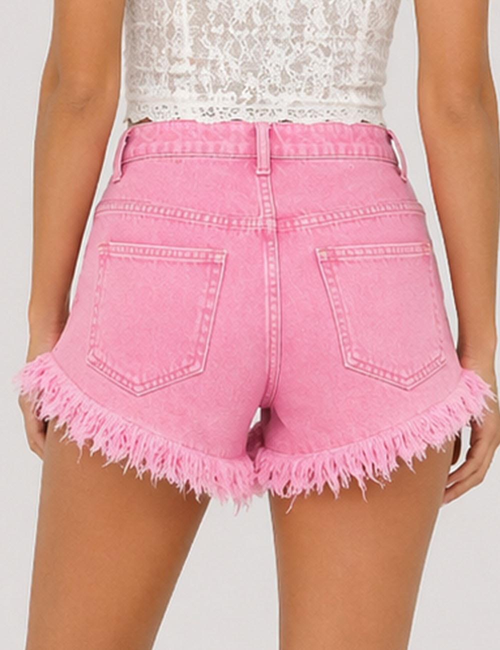 Ladies Distressed Raw Edge Frayed Hem Denim Shorts