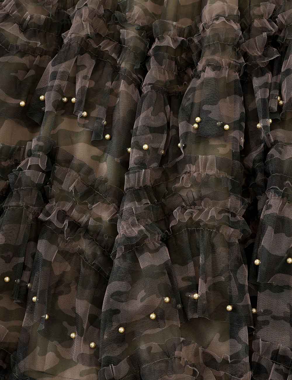 Ladies Casual Camo Print Pearl Tiered Ruffle Tulle Maxi Skirt
