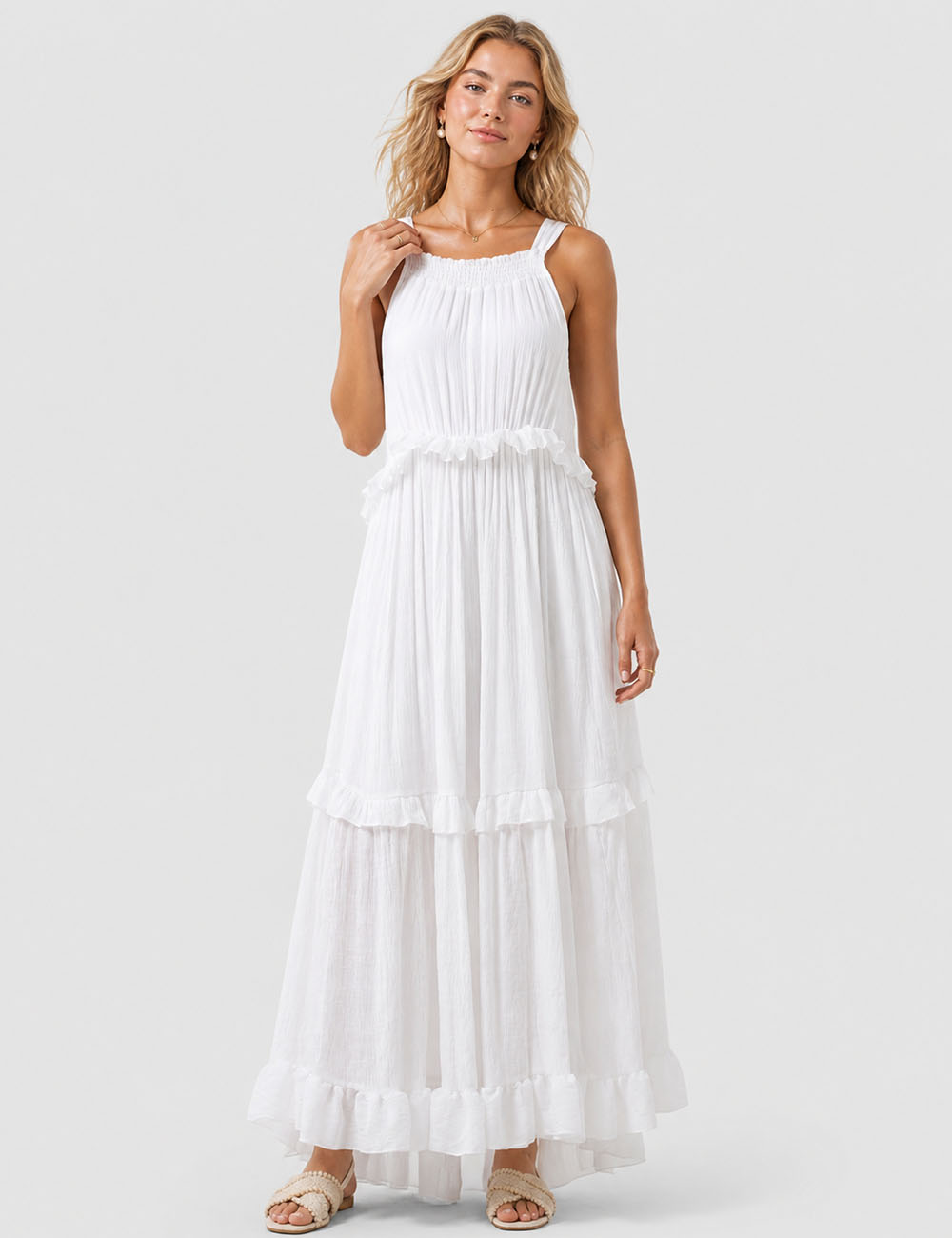 Ladies Boho Ruffle Tiered Hem Sleeveless Solid Color Maxi Dress