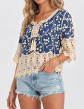 Ladies Boho Embroidery Lace Tie-Neck Tassel Blouse