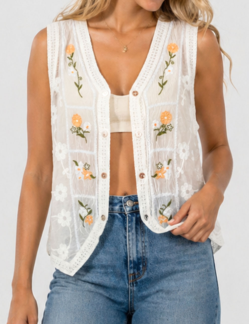 Ladies Boho Floral Embroidered V-Neck Button Front Vest