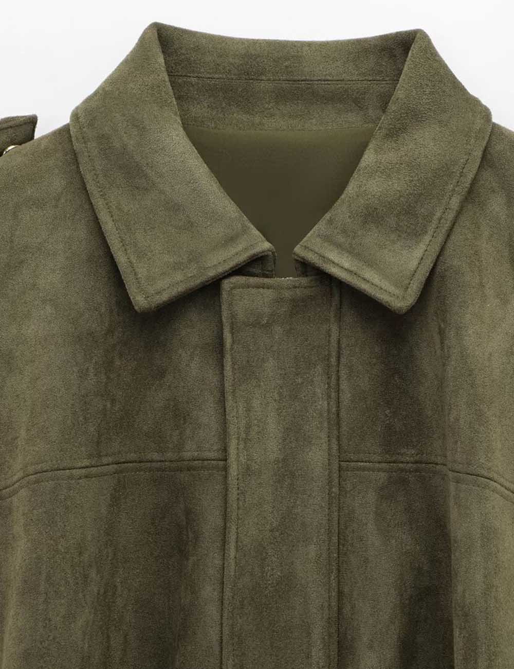 Ladies Faux Suede Bomber Jacket Shirt Collar Zip-Up Coat