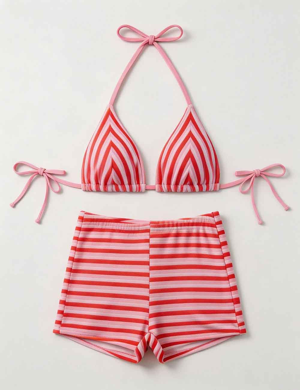 Ladies Striped Tie Back Triangle Halter Bikini Top & Shorts Swimsuit Set