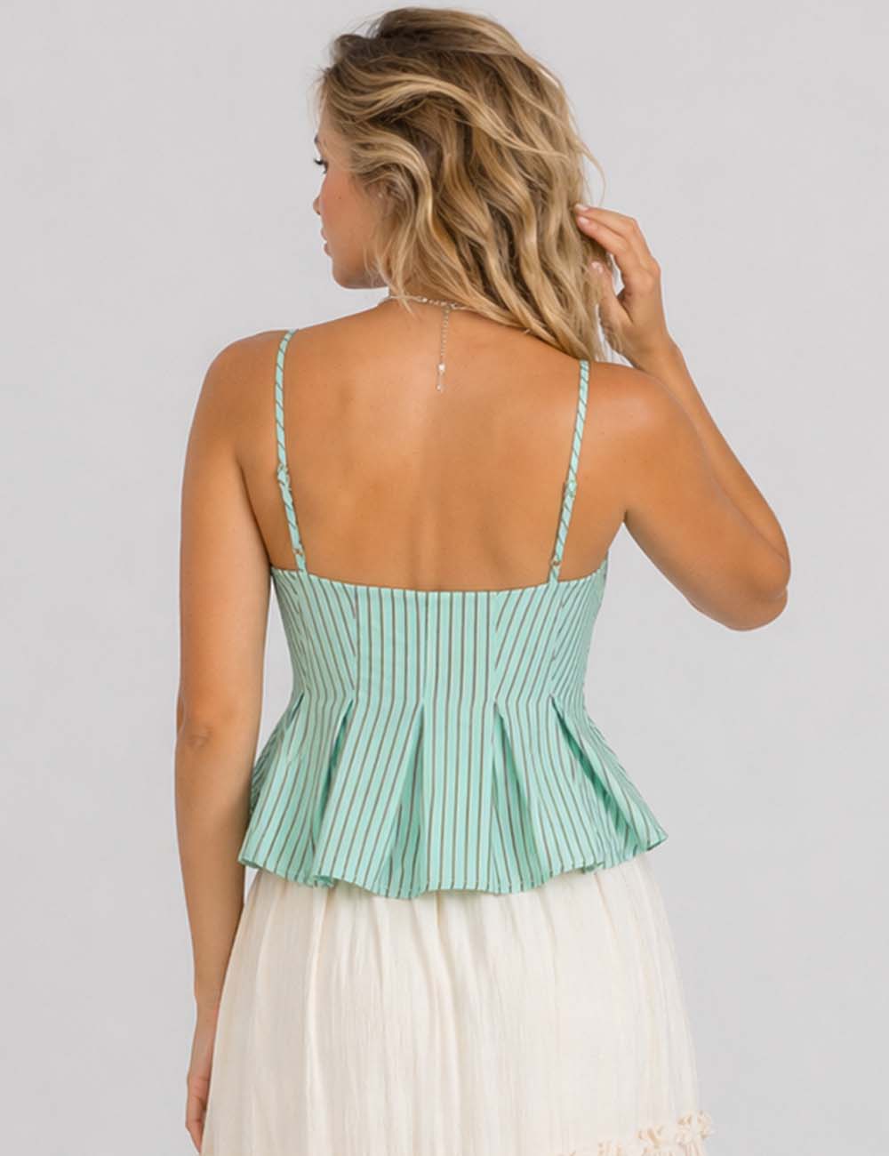 Ladies Chic Striped Spaghetti Strap Button Front Peplum Cami Top