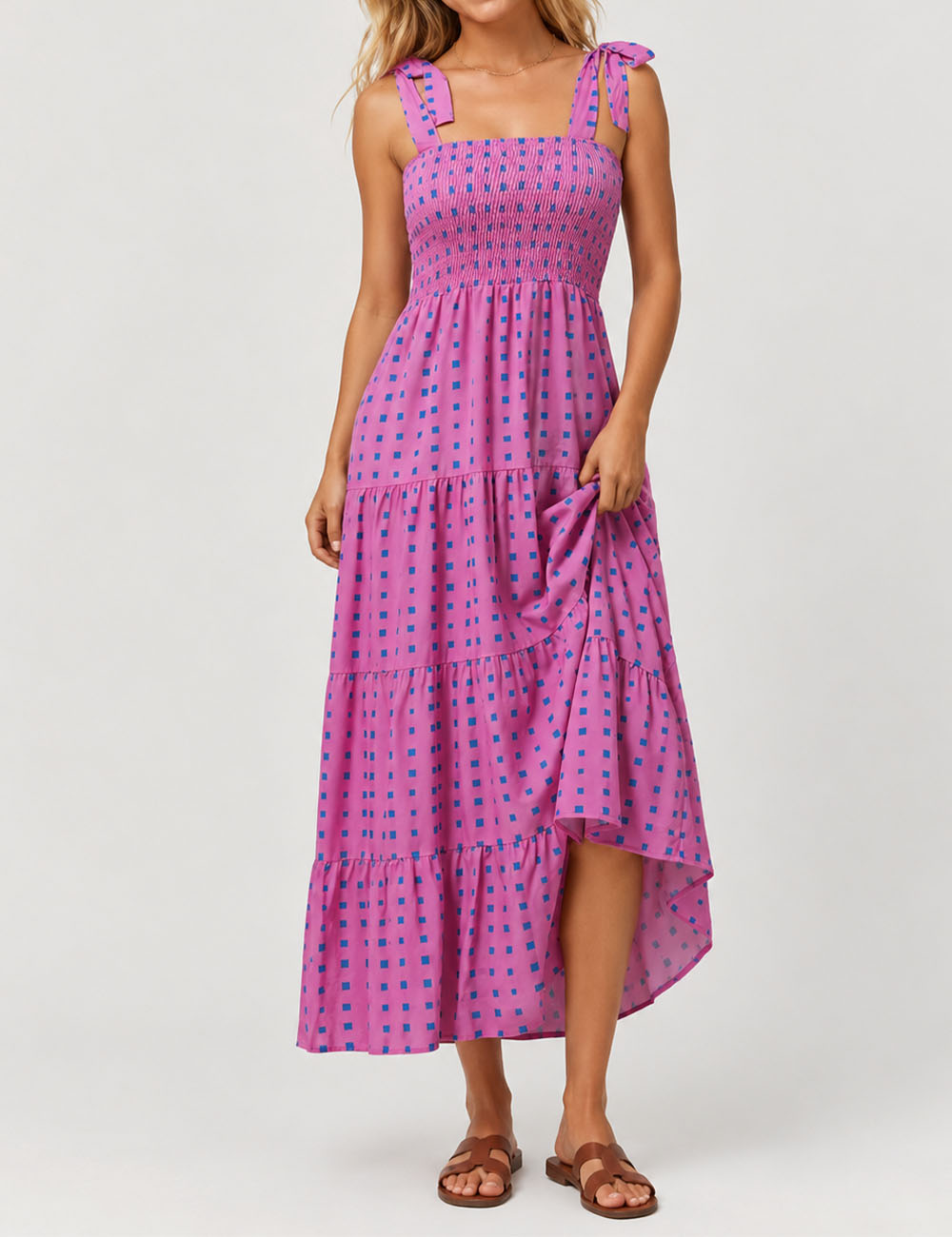 Ladies Abstract Print Smocked Tie Strap Square Neck Midi Dress
