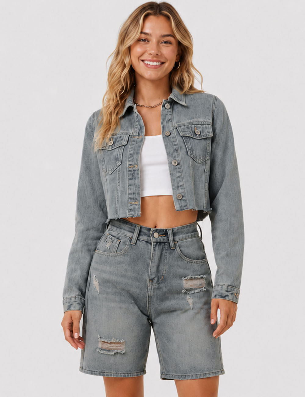 Ladies Destressed Button Down Croped  Denim Jacket