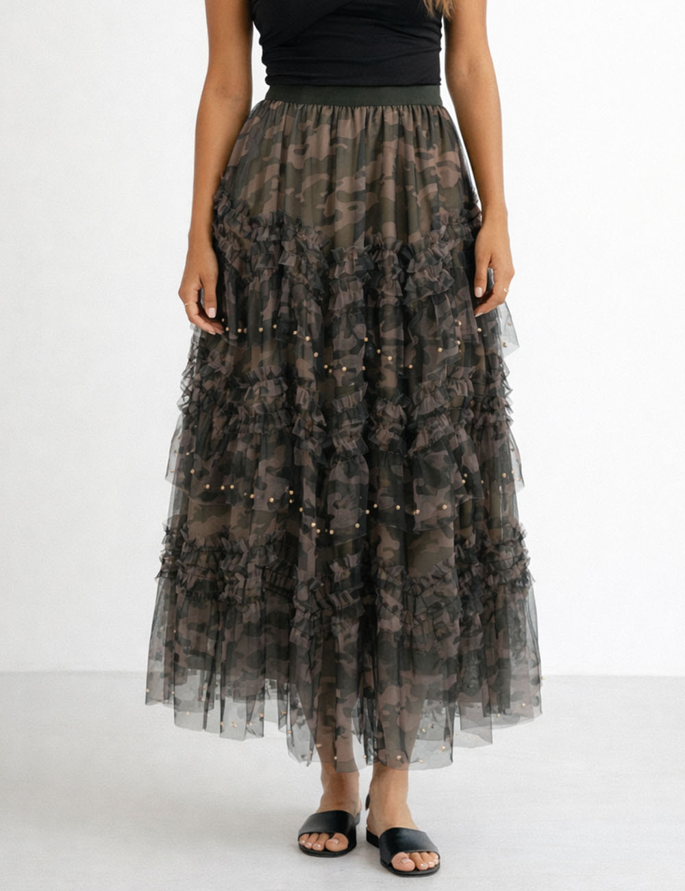 Ladies Casual Camo Print Pearl Tiered Ruffle Tulle Maxi Skirt
