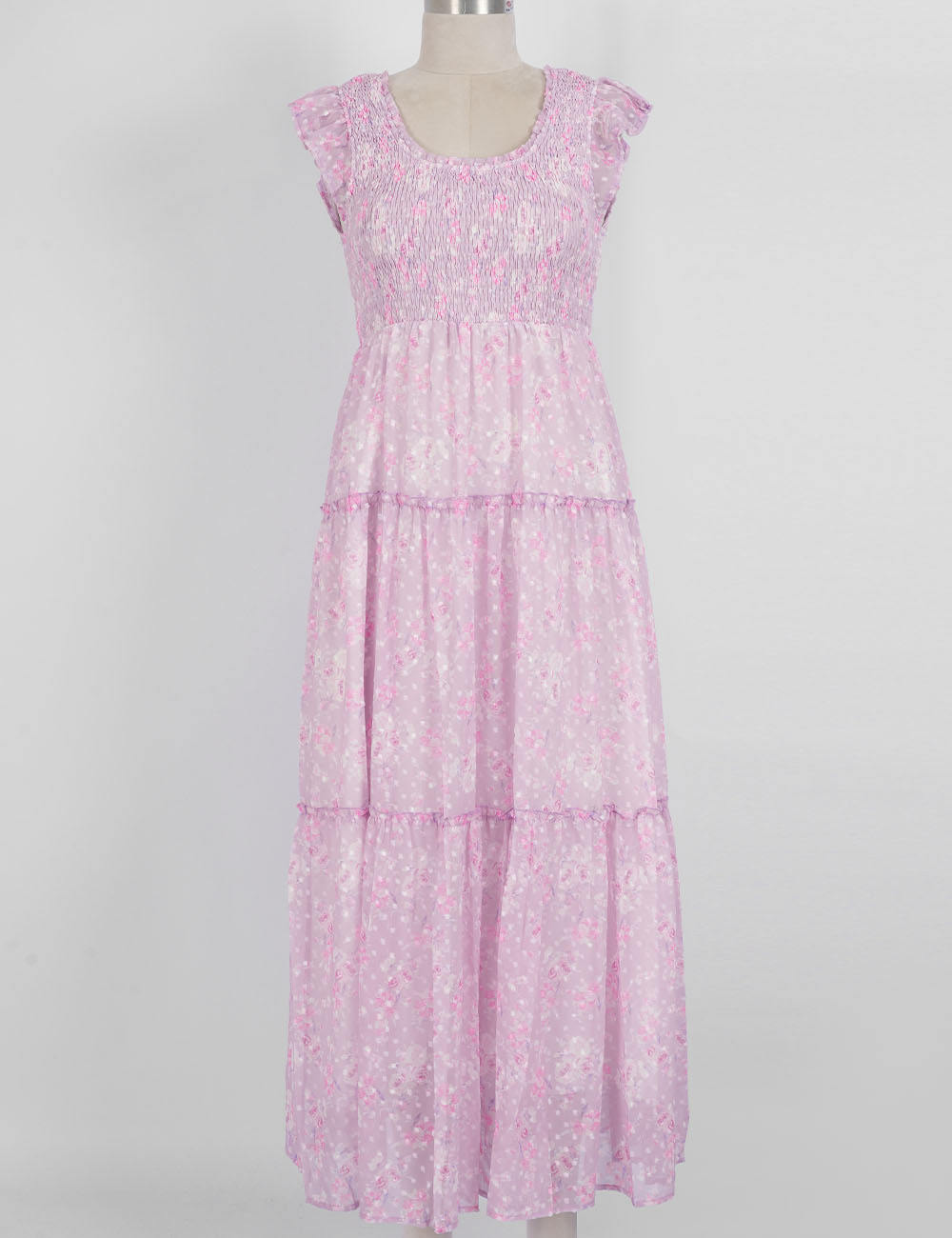 Ladies Floral Print Ruffle Sleeves Tiered Hem Smocked Maxi Dress