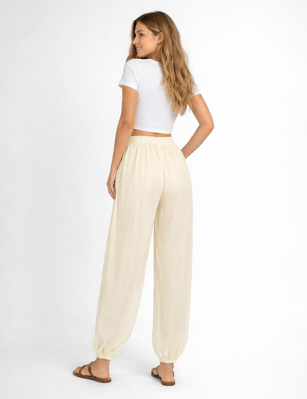 Ladies Chic Crinkle Solid Color  Elastic Cuff Balloon Pants