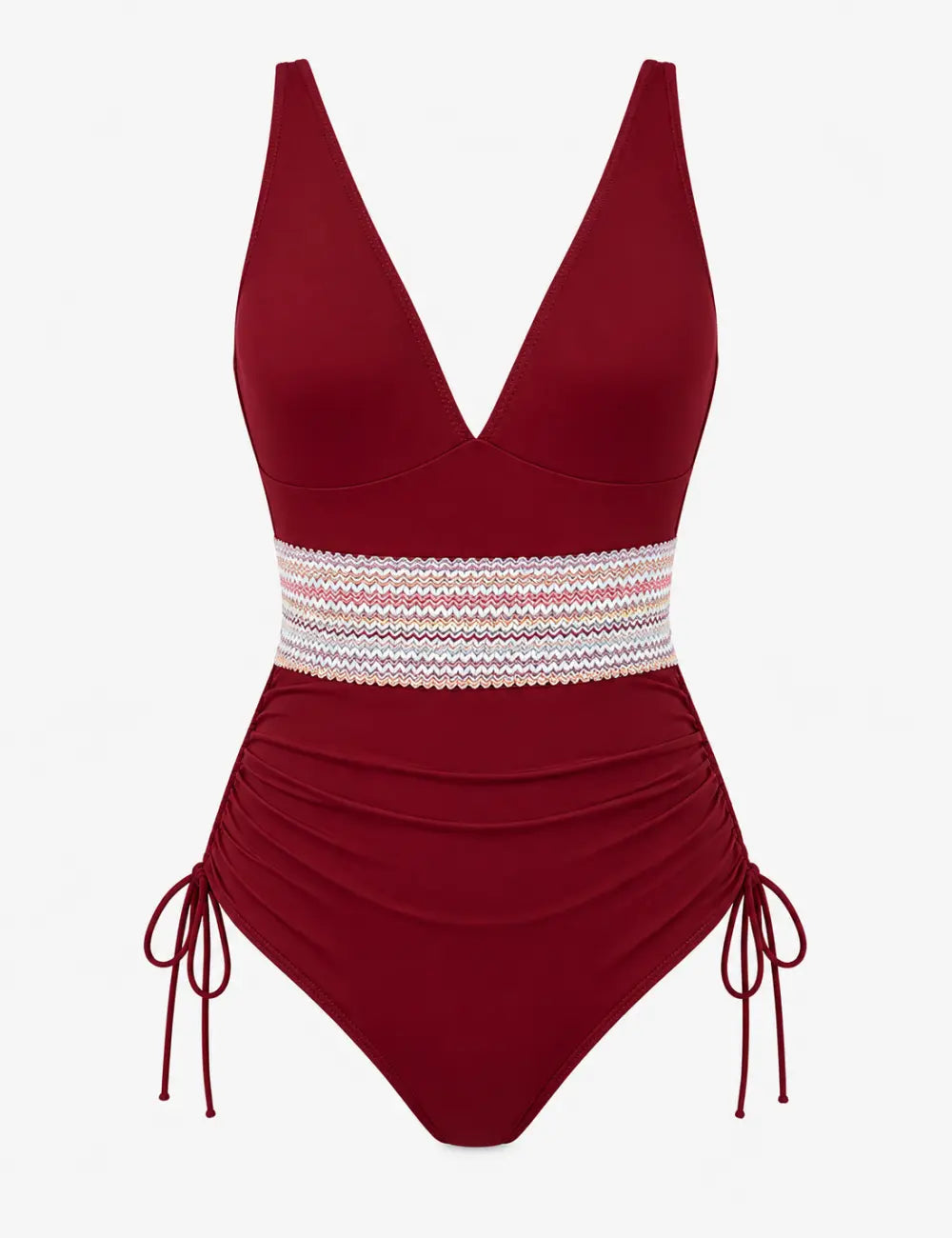 Ladies Deep V-Neck Adjustable Side Drawstring One Piece Swimsuit