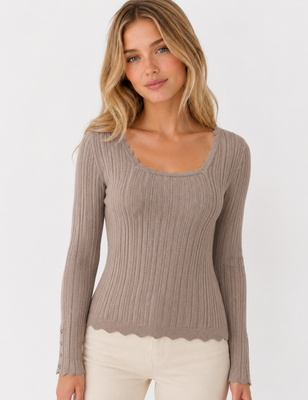 Ladies Ribbed Scoop Neck Long Sleeve Top