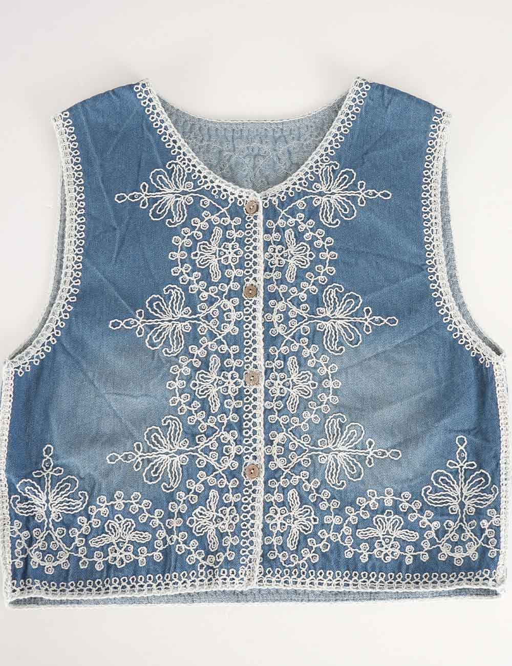 Ladies Boho Rhinestone Embroidery Button Front Denim Vest