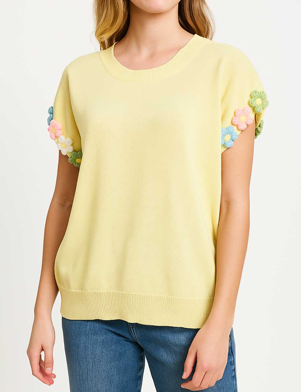 Ladies 3D Flower Pullover Short Sleeves Knit Top