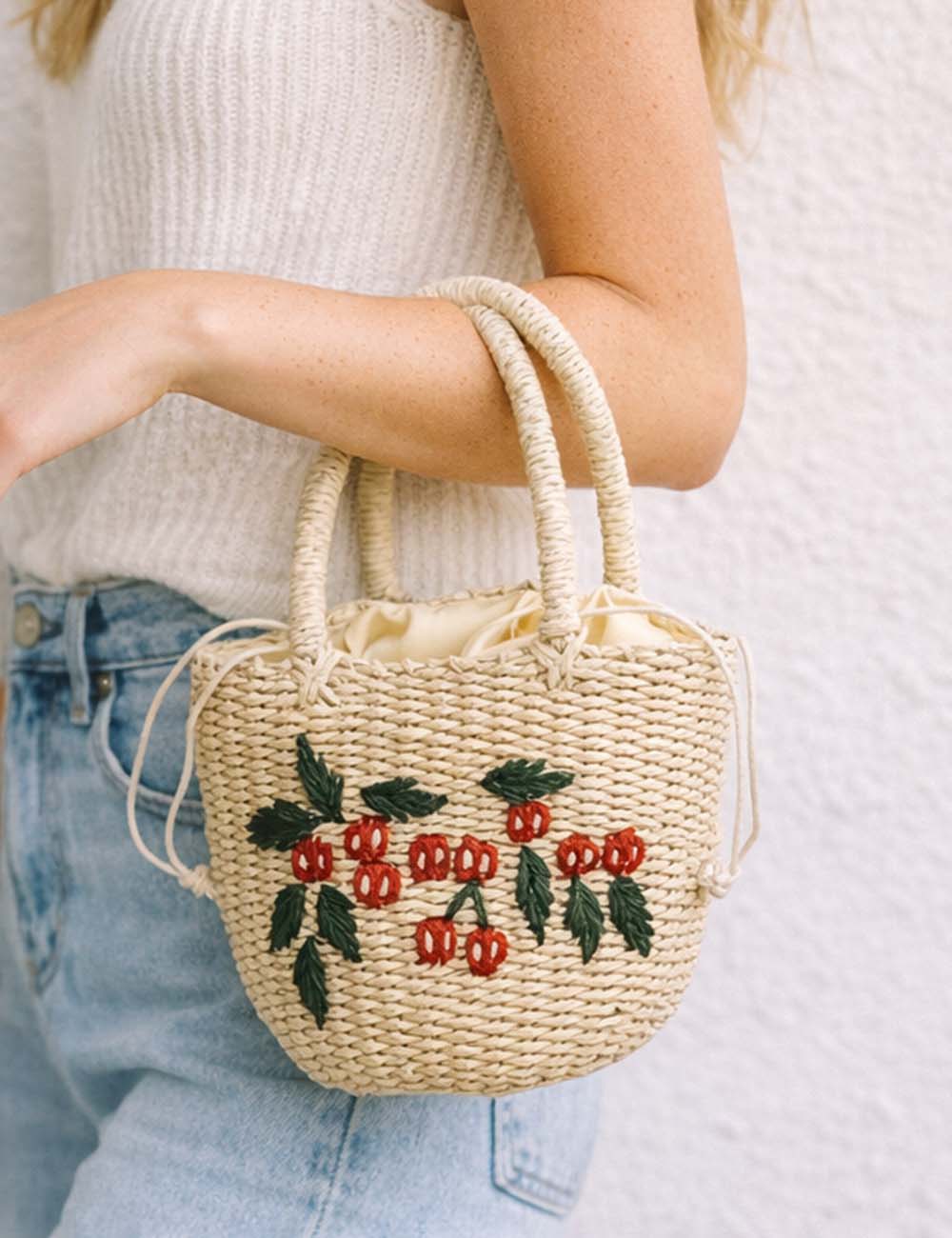 Ladies Boho Cute Fruit Woven Straw Handle Tote Bag