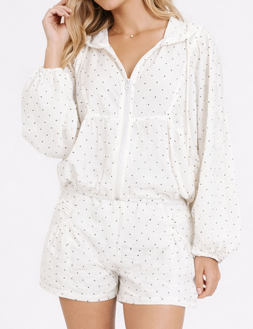 Ladies Polka Dot Hooded Zip-Up Cropped Lightweight Jacket