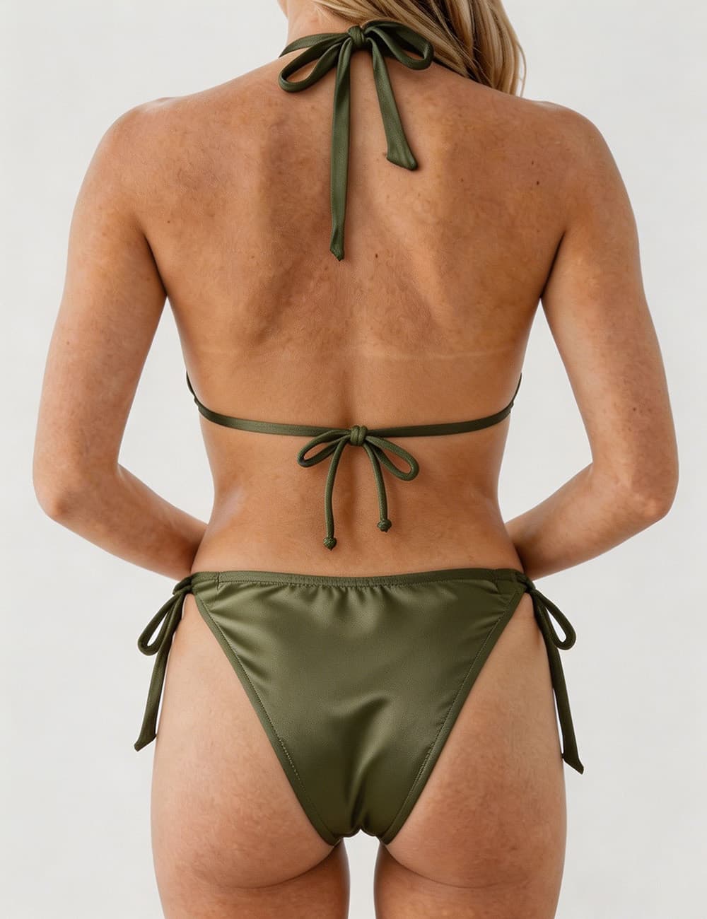 Ladies Solid Color Gold Buckle Halter Neck Triangle Bikini Set