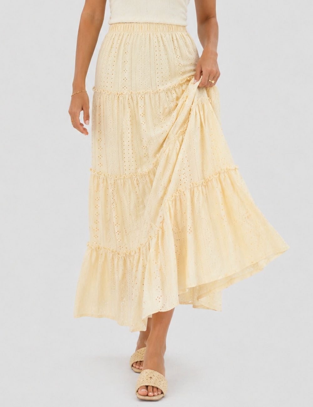Ladies Solid Color Eyelet Tiered Ruffle  Maxi Skirt