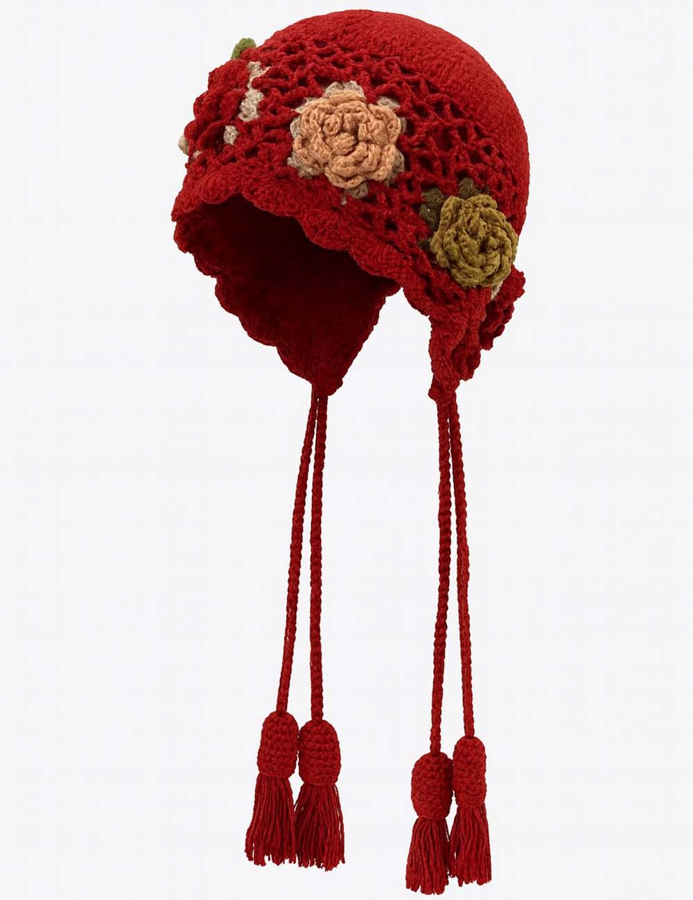 Ladies 3D Floral Crochet Knit Hollow Out Tassel Hat