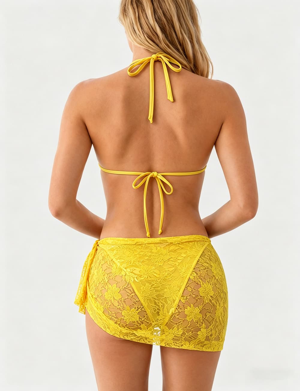 Ladies Floral Lace Mesh Triangle Bikini Set with Sarong Set