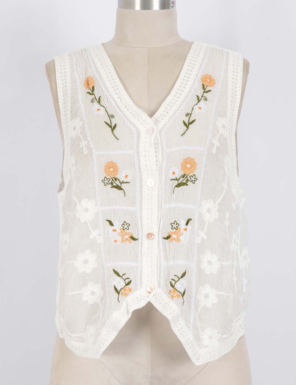 Ladies Boho Floral Embroidered V-Neck Button Front Vest