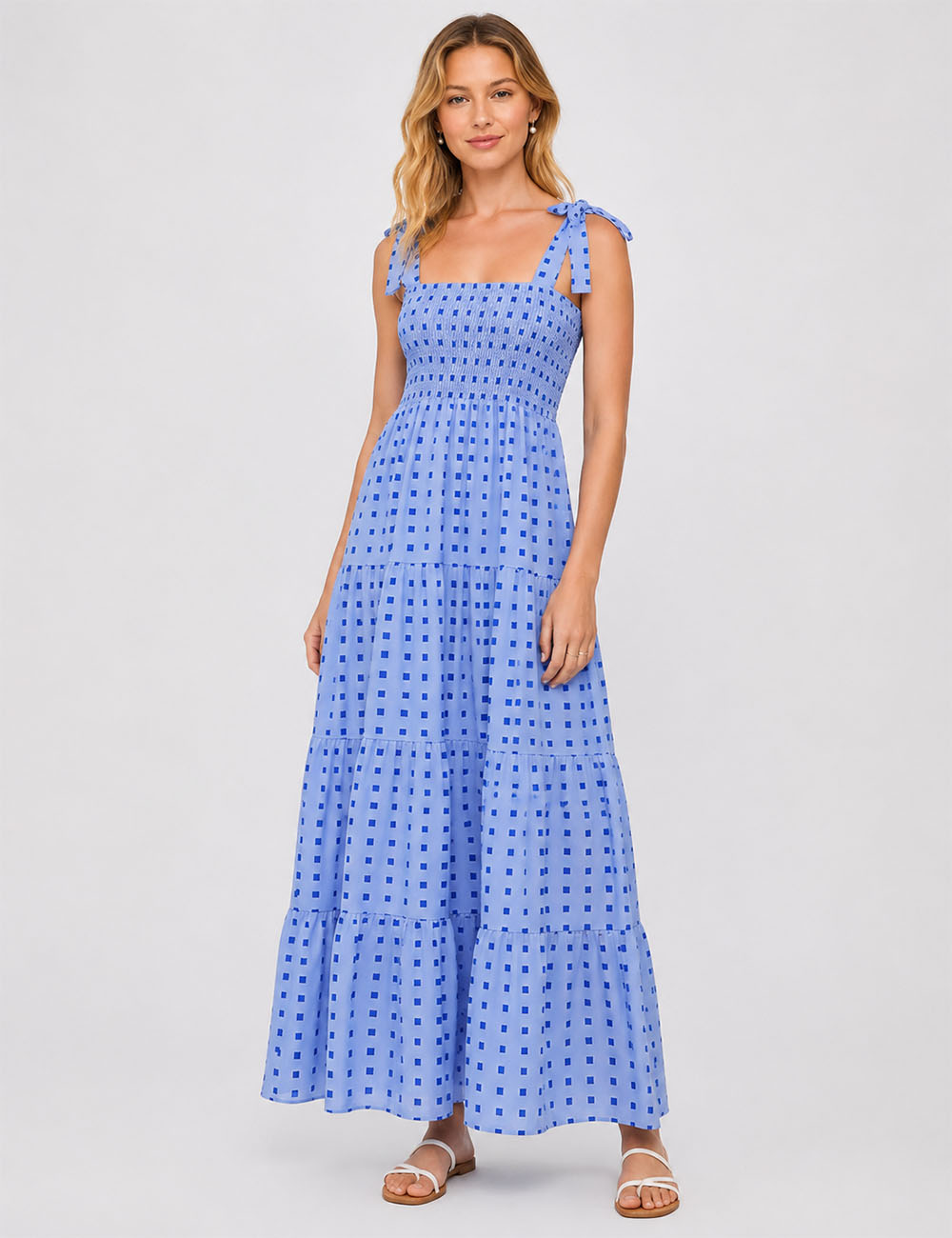 Ladies Abstract Print Smocked Tie Strap Square Neck Midi Dress