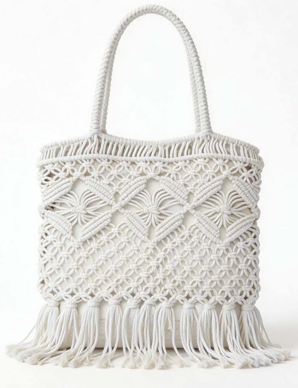 Ladies Boho Macrame Fringe Handle Beach Tote Bag