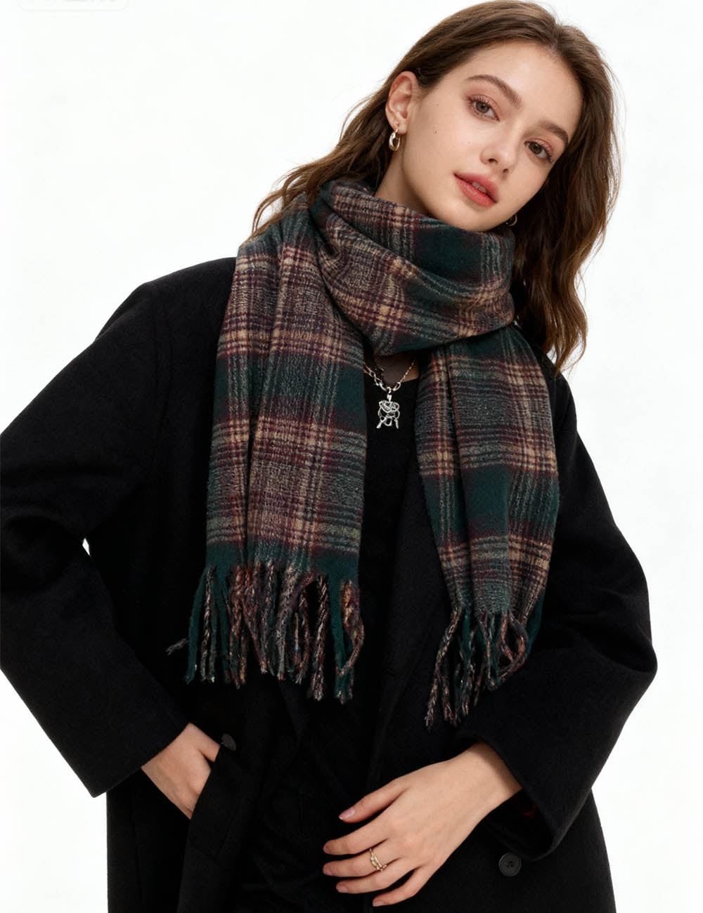 Ladies Warm Winter Plaid Tassel Knit Scarf