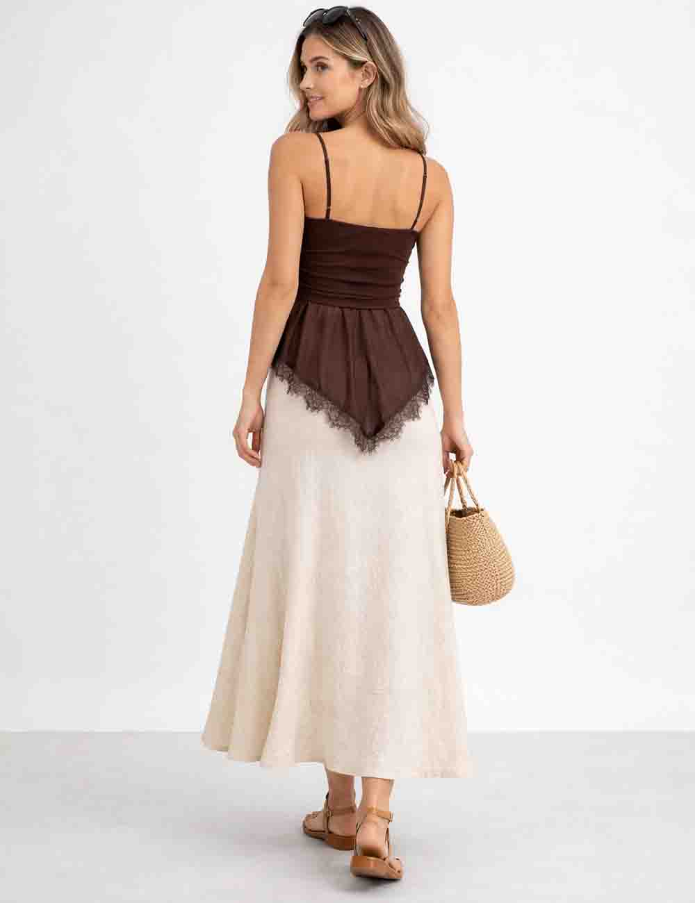 Ladies Sheer Mesh Lace Hem Spaghetti Strap Cami Top