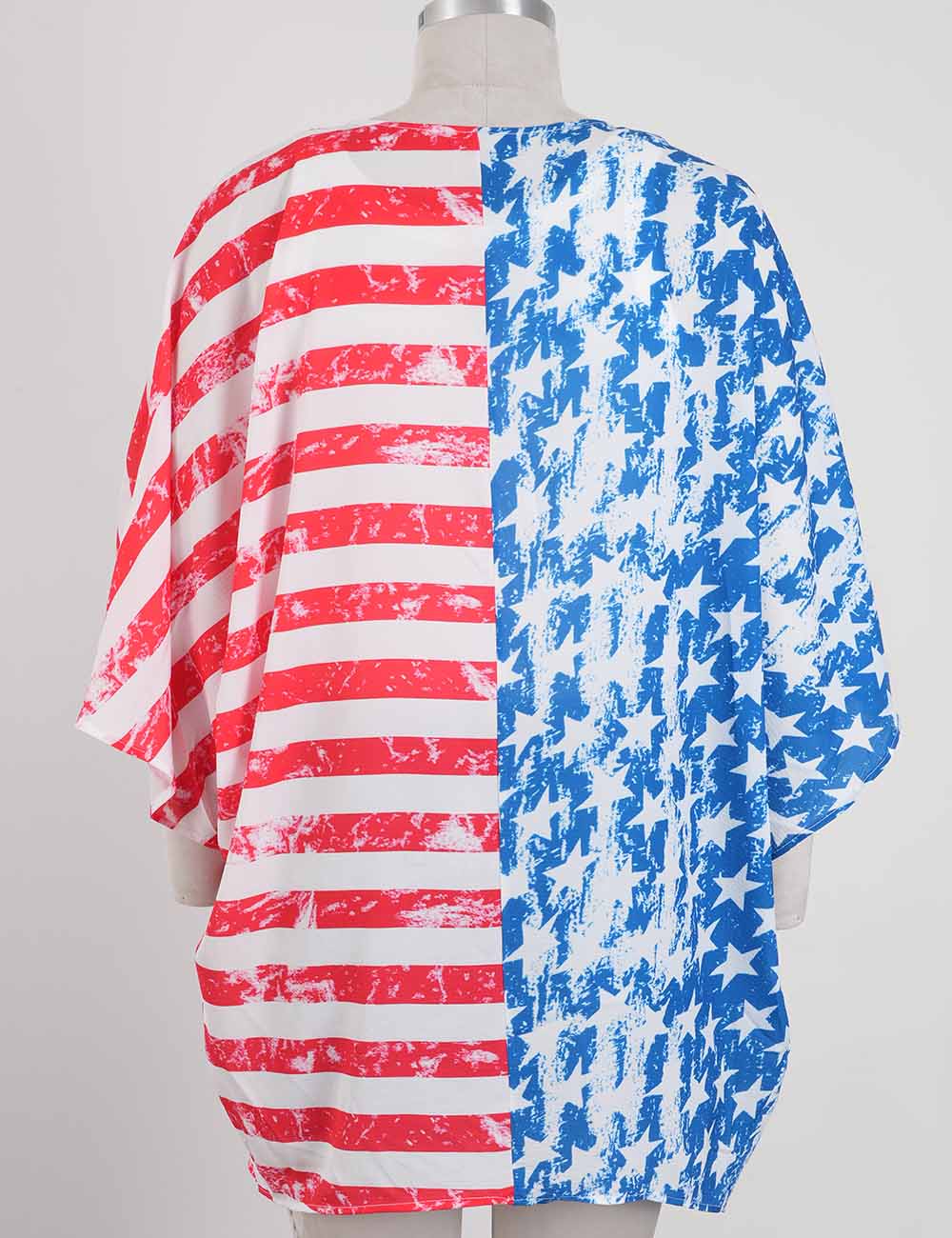 Ladies 4th of July Striped Star Print Kimono Sleeves Beach Cover Up
