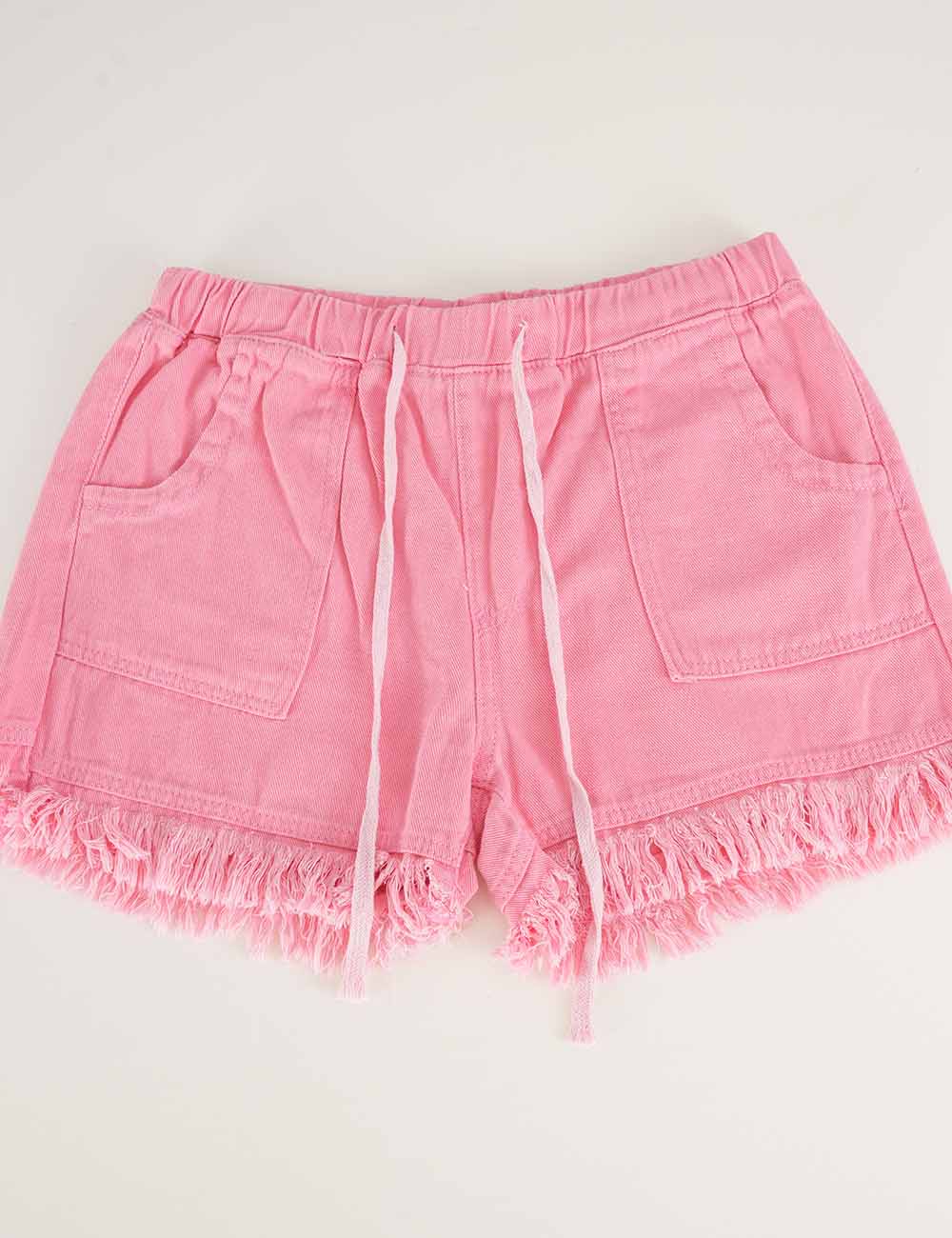 Ladies Solid Color Drawstring Waist Frayed Hem Denim Shorts