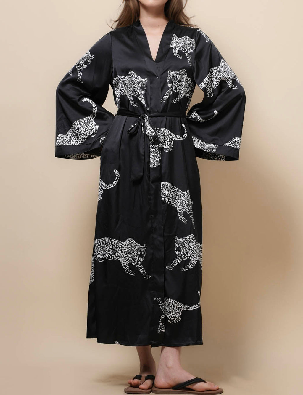 Ladies V-Neck Long Sleeves Waist Tie Pajama Robe SKRB50501