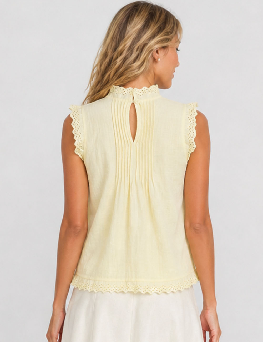 Ladies Boho Eyelet Lace Pleated Round Neck Sleeveless Babydoll Top