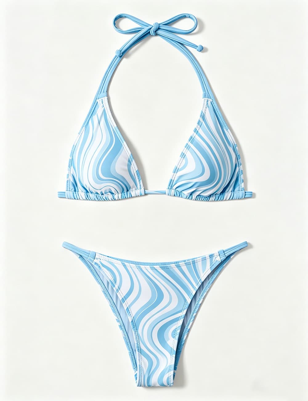Ladies Marble Print Halter Triangle Bikini Set with Cover-Up Skirt