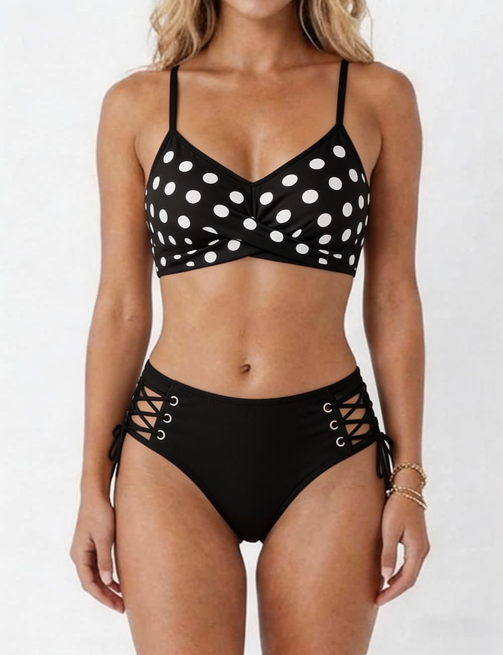 Ladies Polka Dot Print High Waist Lace-up Bikini Set